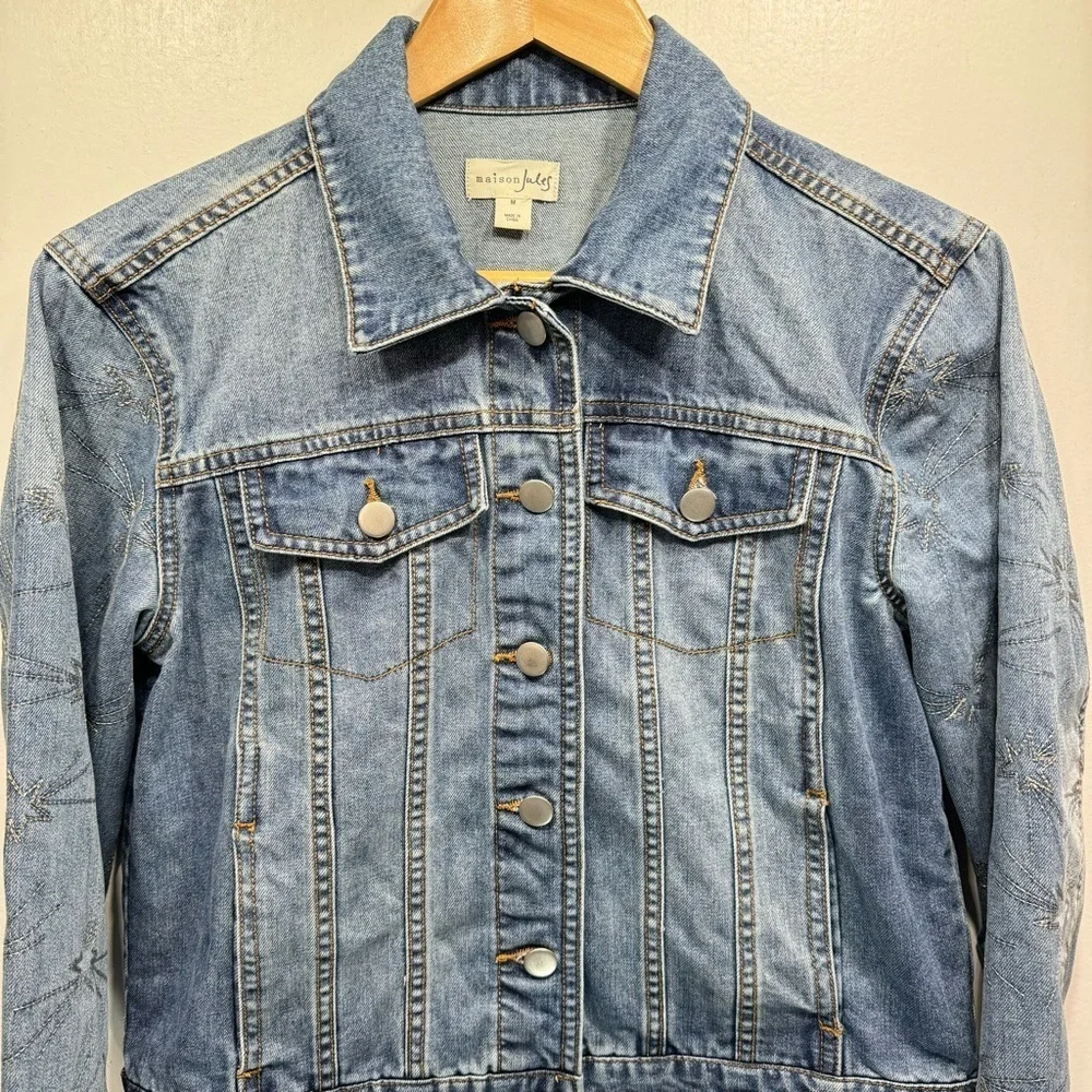 Y2K Blue Denim Jean Jacket Embroidered Metallic Stars on Sleeves by Maison Jules